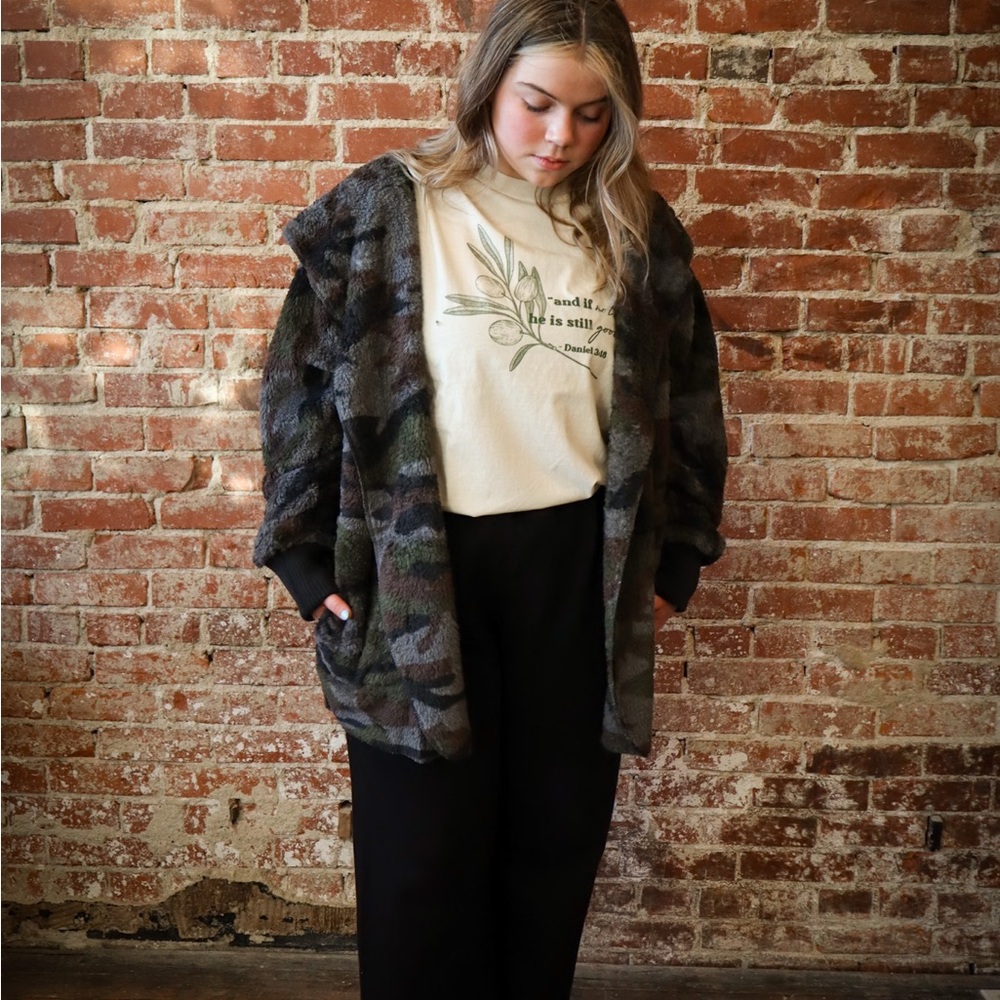 Hem & Thread Olive Green Camo Fuzzy Cardigan